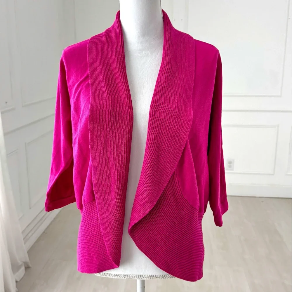 Lauren Ralph Lauren Cardigan Womens 1X Magenta Cotton‎ Ribbed Shawl Shawl Collar